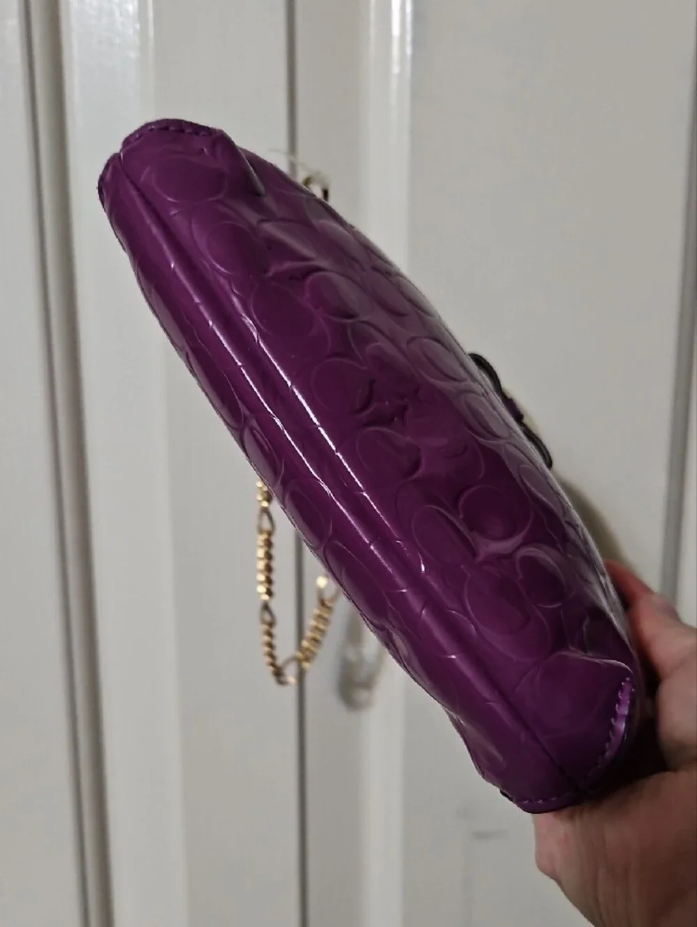 Coach NWT Patent Signature Wristlet in Vibrant Purple with Gold Heart Charm